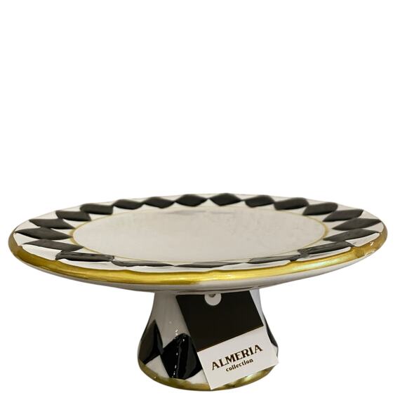 Almeria 8in Checkered Cake Stand Black White Ceramic MacKenzie Style Decor New - Picture 12 of 13